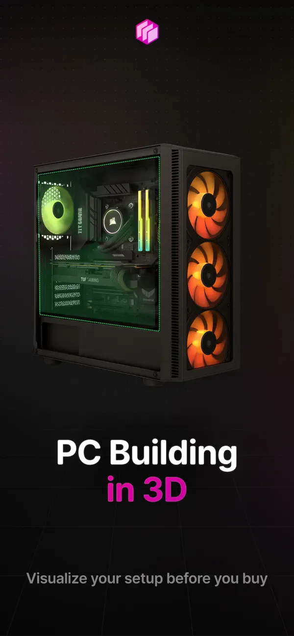 BuildCoresの公式3D紹介画像。ケース内のファン、冷却部品、GPUを立体的に表示した例。
