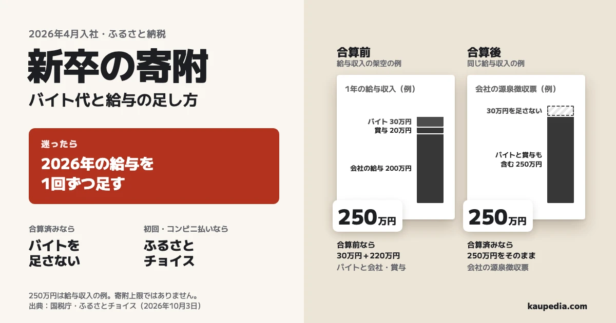 新卒の寄附。バイト代と給与の足し方は、迷ったら2026年の給与を1回ずつ足す。架空の給与収入の例は、合算前ならバイト30万円と会社・賞与220万円を足して250万円、合算済みなら250万円をそのまま使い、バイトを足さない。初回・コンビニ払いならふるさとチョイスを選ぶ。250万円は寄附上限ではない。