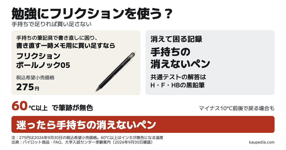 勉強にフリクションを使う? 手持ちで足りれば買い足さない。手持ちの筆記具で書き直しに困り、書き直す一時メモ用に買い足すならフリクションボールノック05で、税込希望小売価格275円。消えて困る記録には手持ちの消えないペン。共通テストの解答はH・F・HBの黒鉛筆。60℃以上で筆跡が無色になり、迷ったら手持ちの消えないペンを選ぶ。