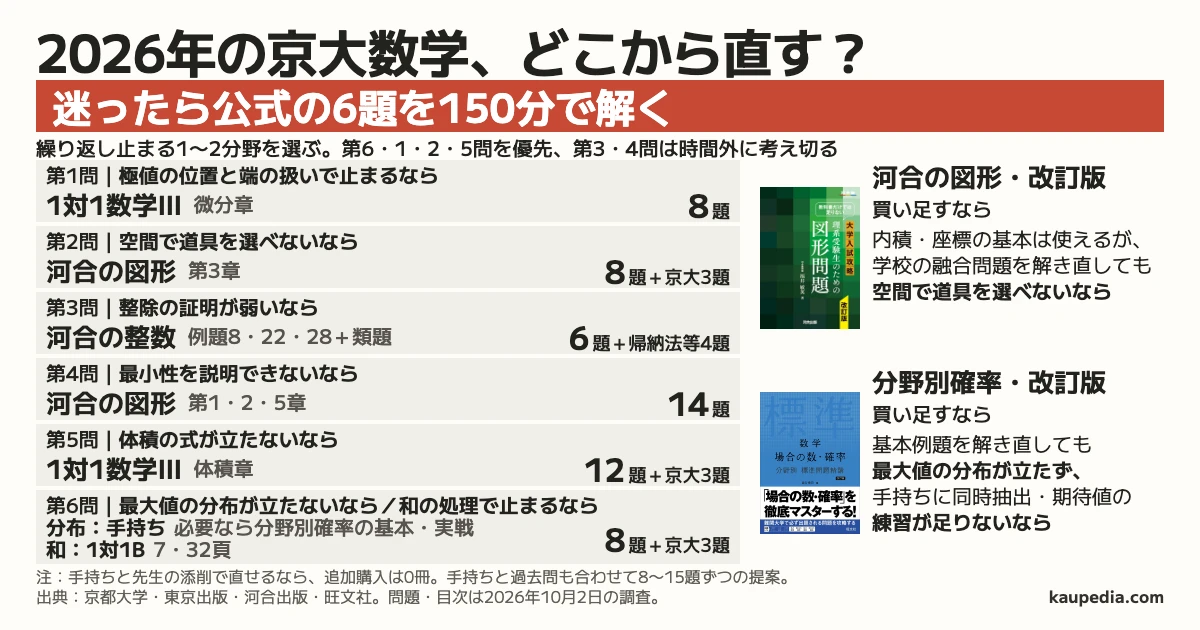 2026年の京大数学、どこから直す? 迷ったら公式の6題を150分で解く。極値の位置と端の扱いで止まるなら1対1数学Ⅲの微分章で8題。空間で道具を選べないなら学校の融合問題を解き直す。内積・座標の基本は使えるが、学校の融合問題を解き直しても空間で道具を選べないなら、河合の図形第3章で8題と京大3題。整除の証明が弱いなら河合の整数の例題8・22・28と類題で6題、整式・帰納法で4題。最小性を説明できないなら河合の図形第1・2・5章で14題。体積の式が立たないなら1対1数学Ⅲの体積章で12題と京大3題。最大値の分布が立たないなら手持ちの基本例題を解き直す。基本例題を解き直しても最大値の分布が立たず、手持ちに同時抽出・期待値の練習が足りないなら、分野別確率の基本・実戦で補う。和の処理で止まるなら1対1数学Bの7・32頁へ戻り、計8題と京大3題。最初は手持ちと過去問も合わせて8〜15題ずつ。題数はKaupediaの提案。手持ちと先生の添削で直せるなら、追加購入は0冊。