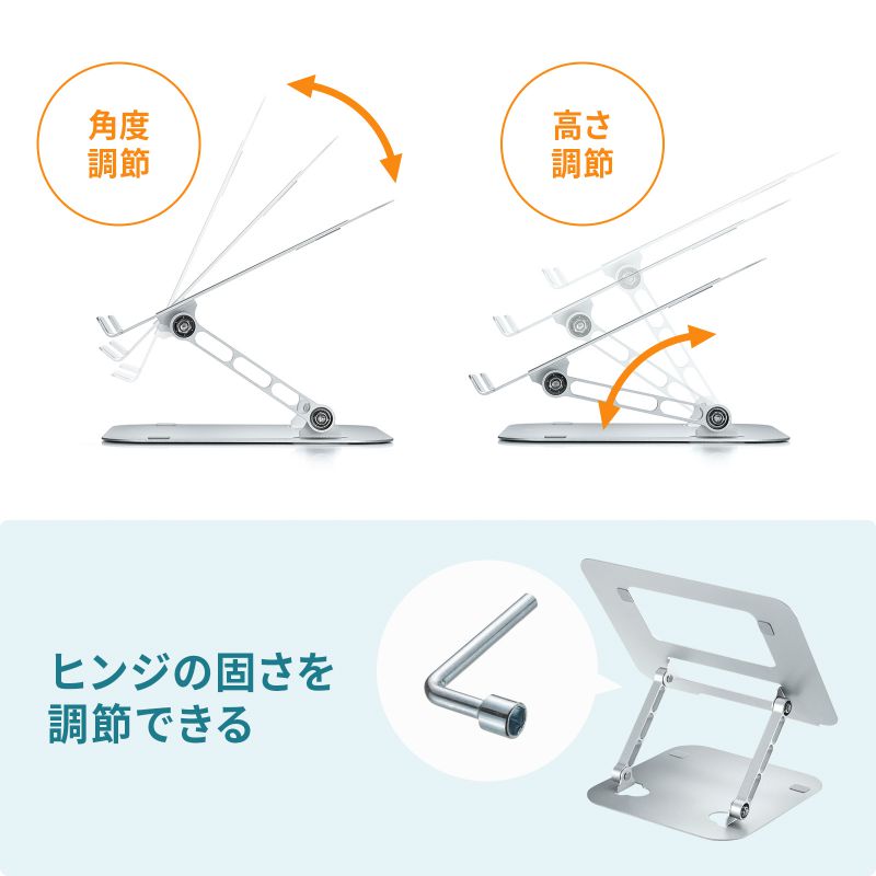 PDA-STN78Sの角度と高さを変える二つのヒンジ、六角レンチで硬さを調整する位置。メーカー掲載画像。