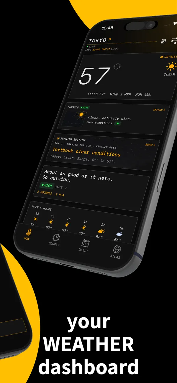 RAD Weatherの公式紹介画像。東京を例にした天気の概要と時間別予報、英語と華氏での表示。