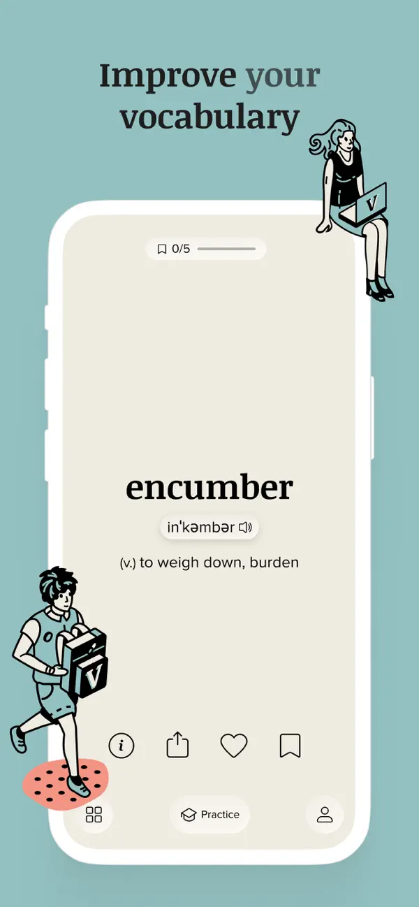 Vocabularyの公式画面例。encumberの発音と英語による短い意味の説明が表示されている。
